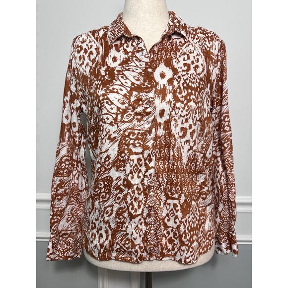 Garnet Hill Tops - GARNET HILL (8)100% Linen-Button Up Shirt-Rusty White-Abstract-Resortwear-Luxury
